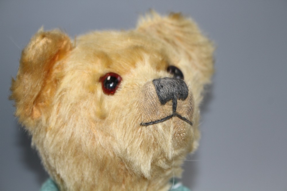 An Omega bear c.1950s, 16in., rexine pads, general hair loss